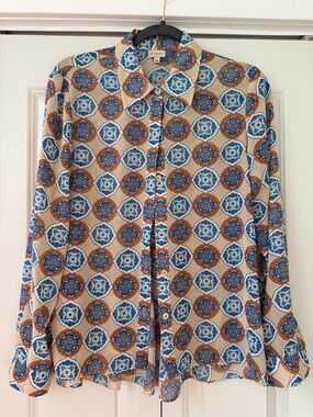 Daniel Cremieux Medallion Print Button-Up in Blue & Tan with Orange Accents